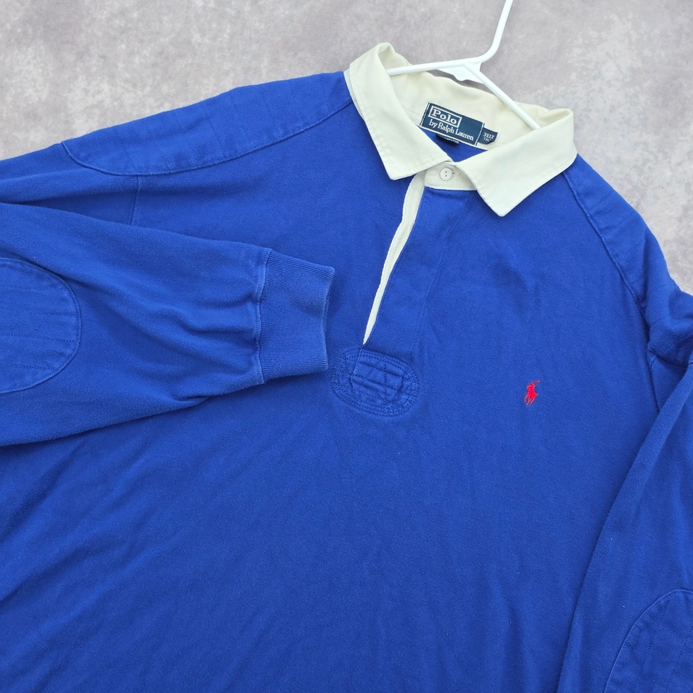 Polo Ralph Lauren Rugby Shirt Mens 3XLT Blue Long Sleeve Elbow Patches Cotton